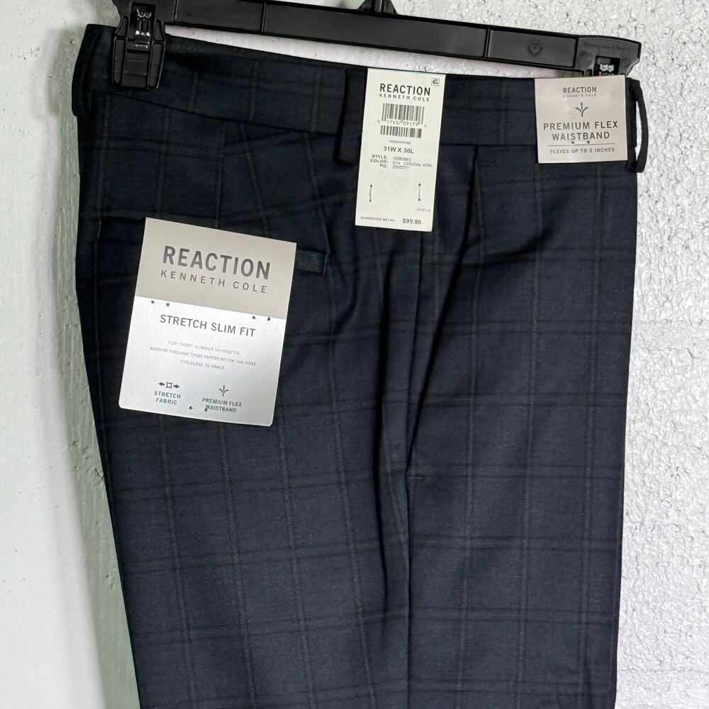 Kenneth Cole Reaction Men's Slim-Fit Stretch Check Dress Pant Charcoal 31x30 $95
